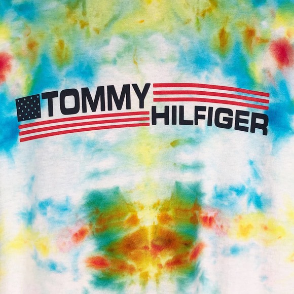 Tommy Hilfiger Large Tee Shirt Sunny Side Tie Dye Handmade Yellow Blue 232 - Picture 8 of 9